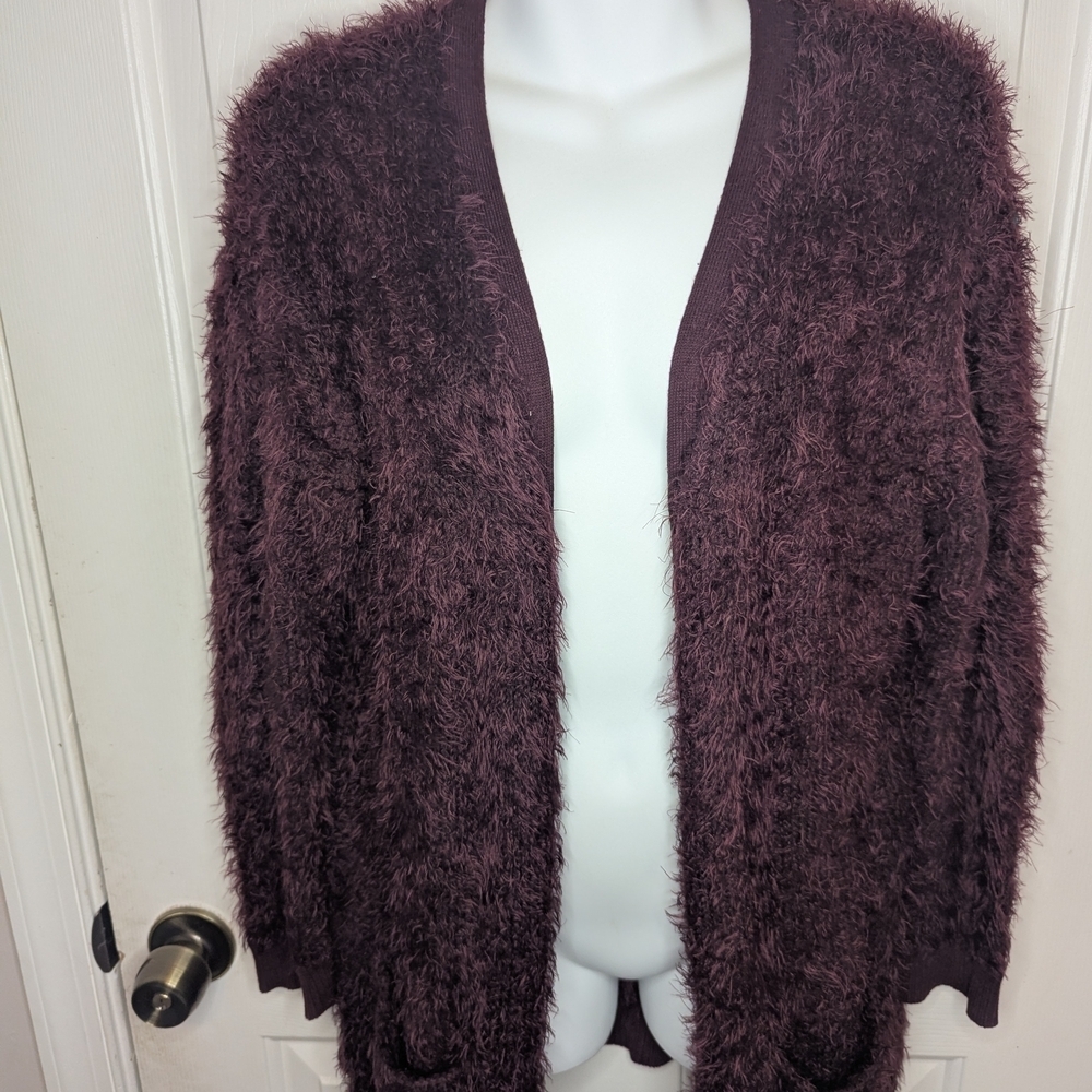 Matilda Jane Women’s Sweater  Cardigan Plum Fuzzy Eyelash Pocket Open, Size S